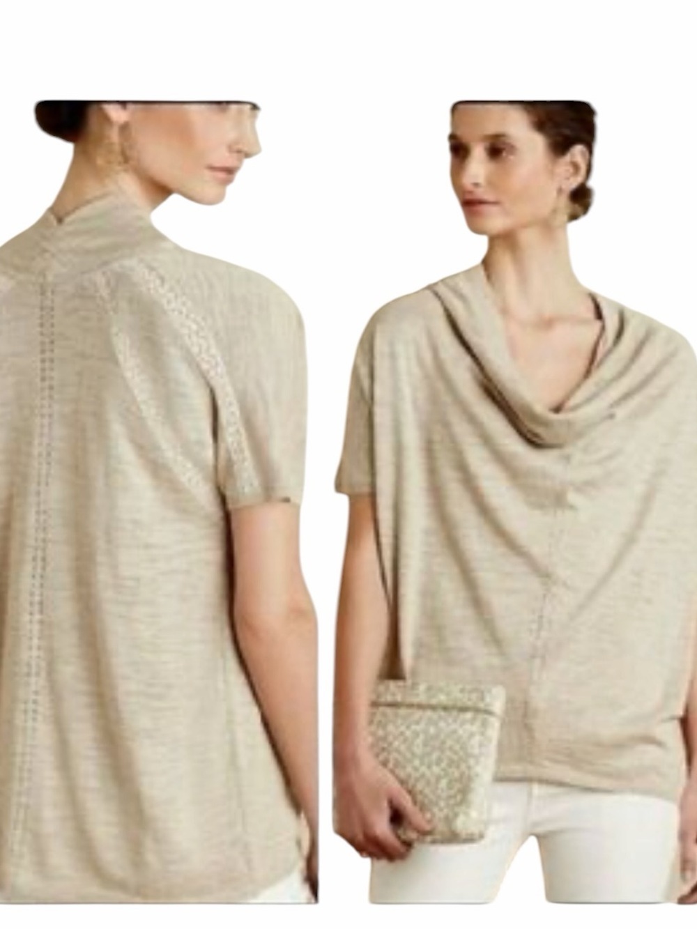 Knitted & Knotted Beige Metallic Cowl Neck Short Sleeve Sweater Top Size Medium